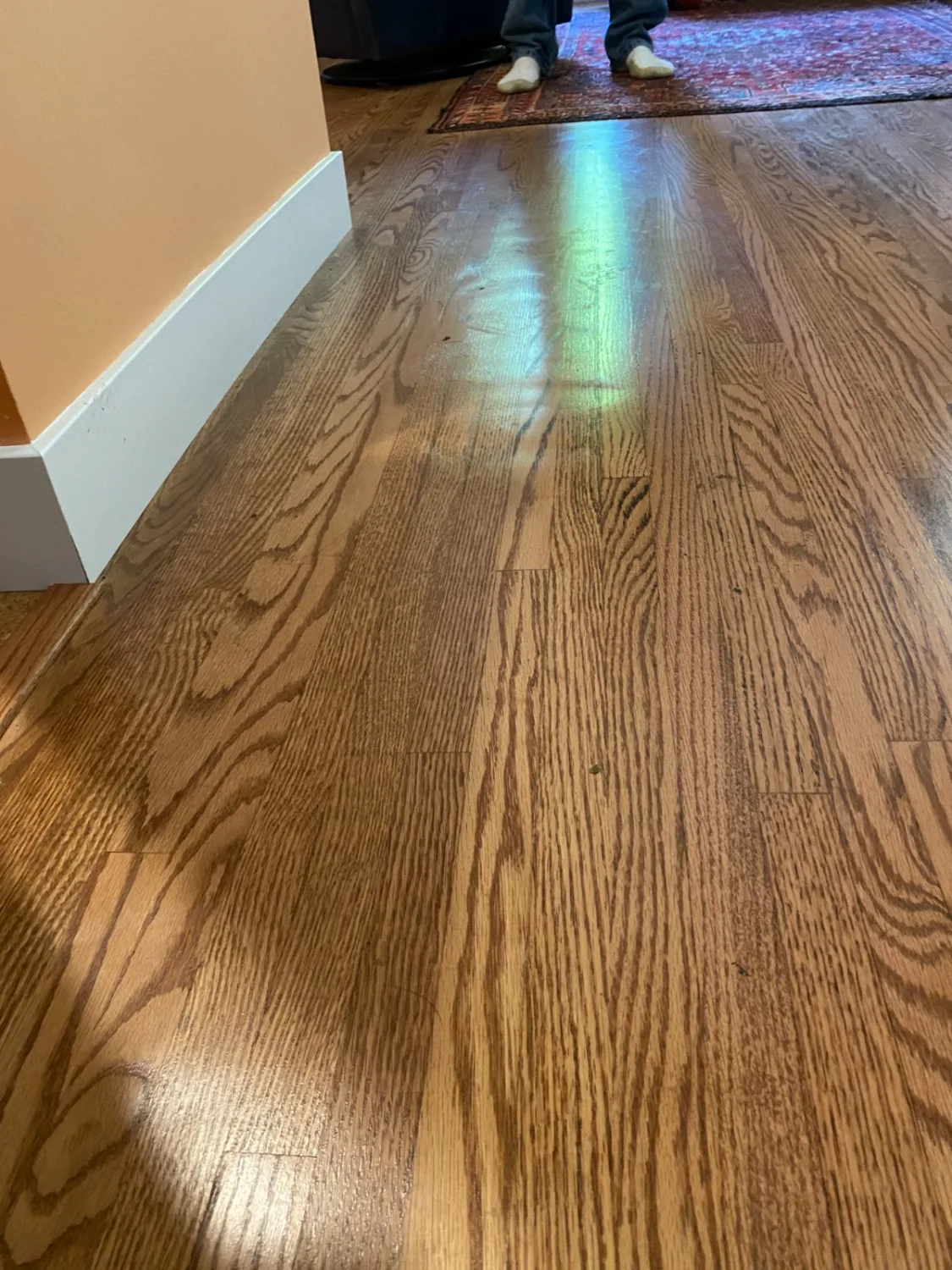 Red oak hardwood flooring in a hallway with light reflection