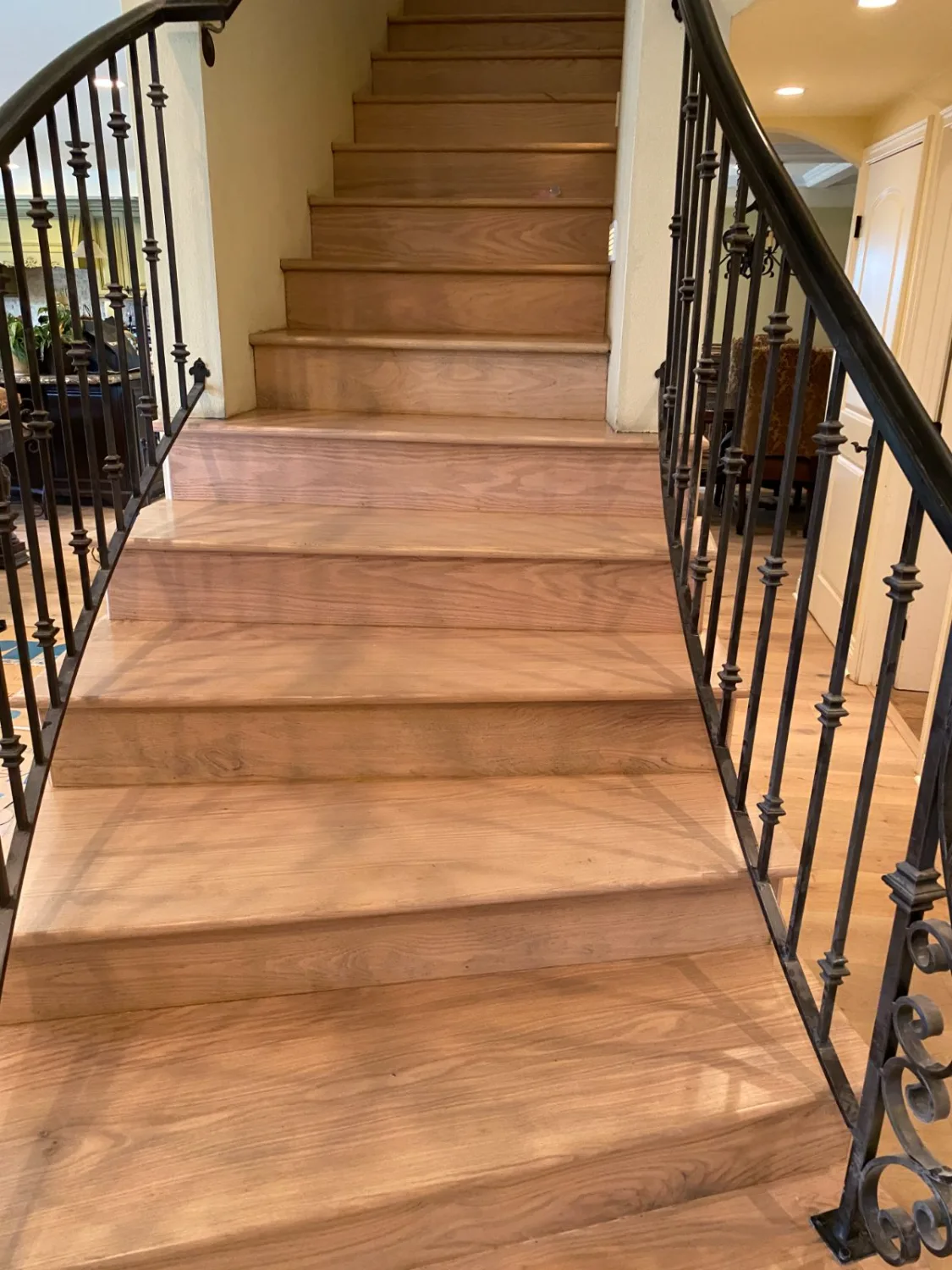 Curved oak hardwood staircase with finished treads and risers
