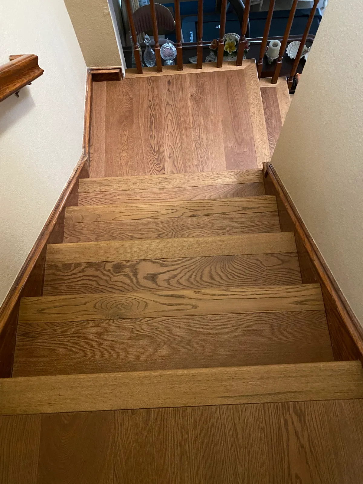 Red oak hardwood staircase and landing seen from above