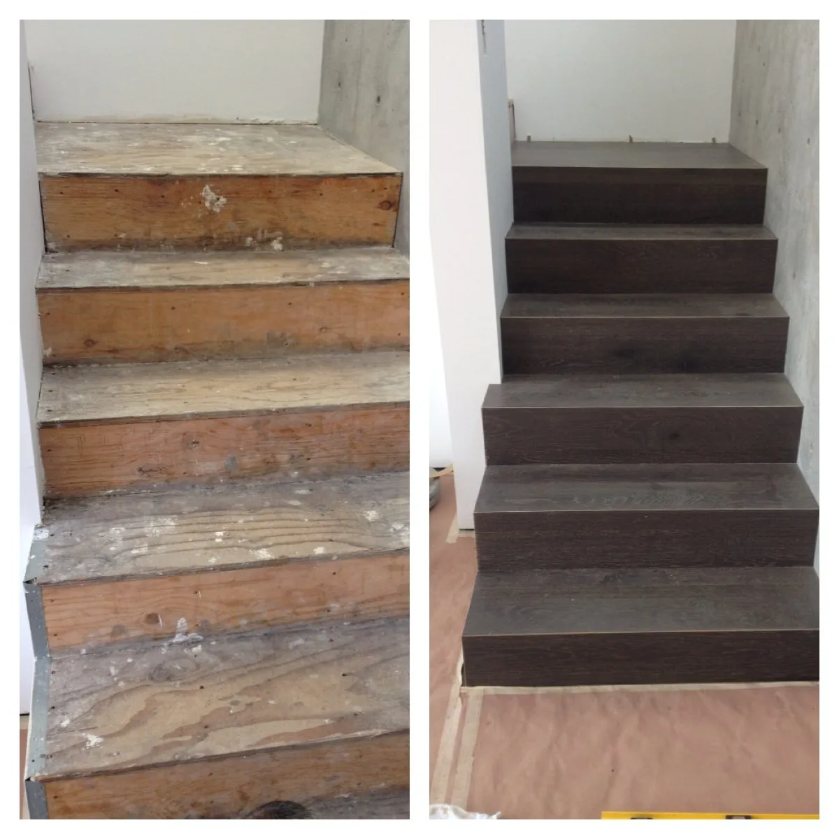 Before-and-after of worn stair treads refinished in dark hardwood