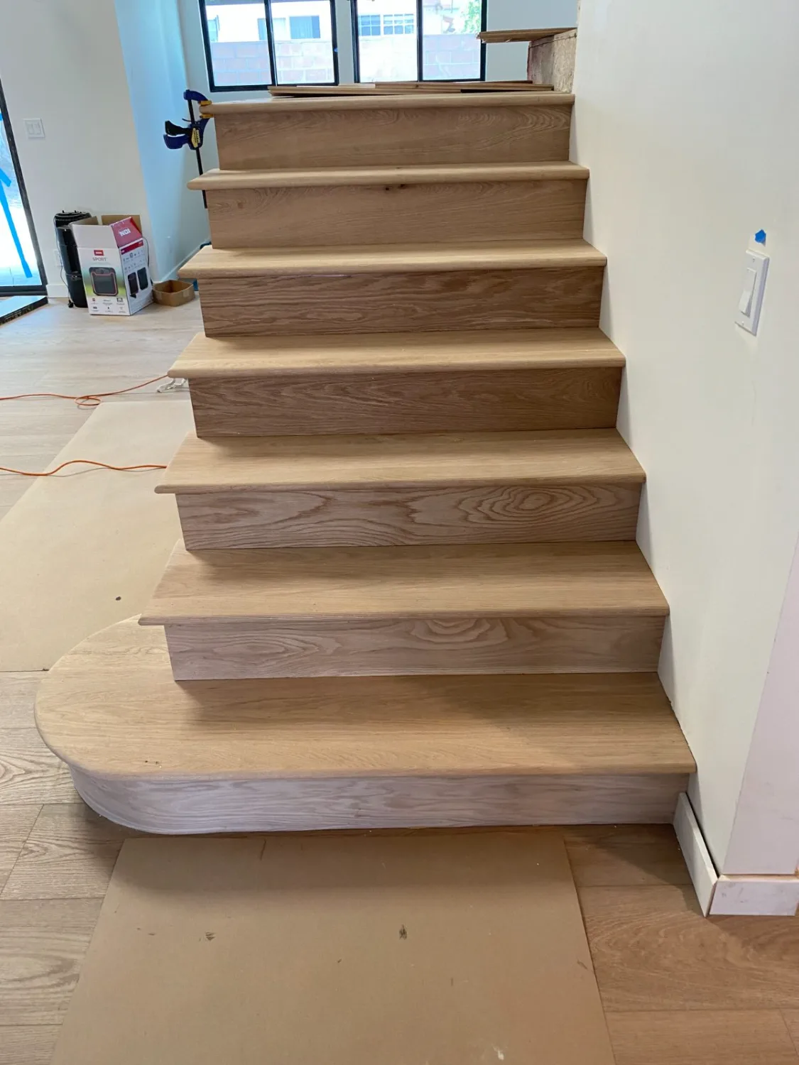 White oak stair treads and risers during installation