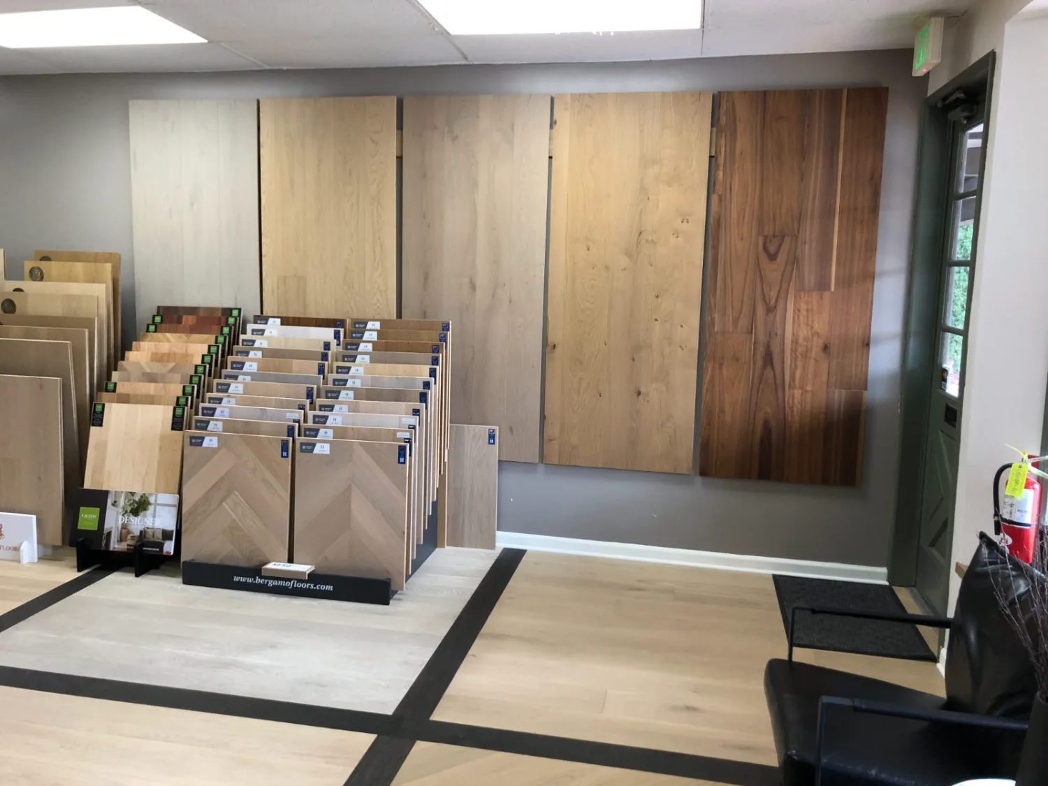 Hardwood flooring sample wall at the EKO FLOORING showroom in Agoura Hills