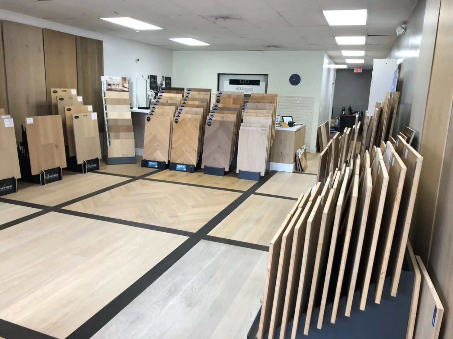 Hardwood flooring sample boards at the EKO FLOORING showroom in Agoura Hills